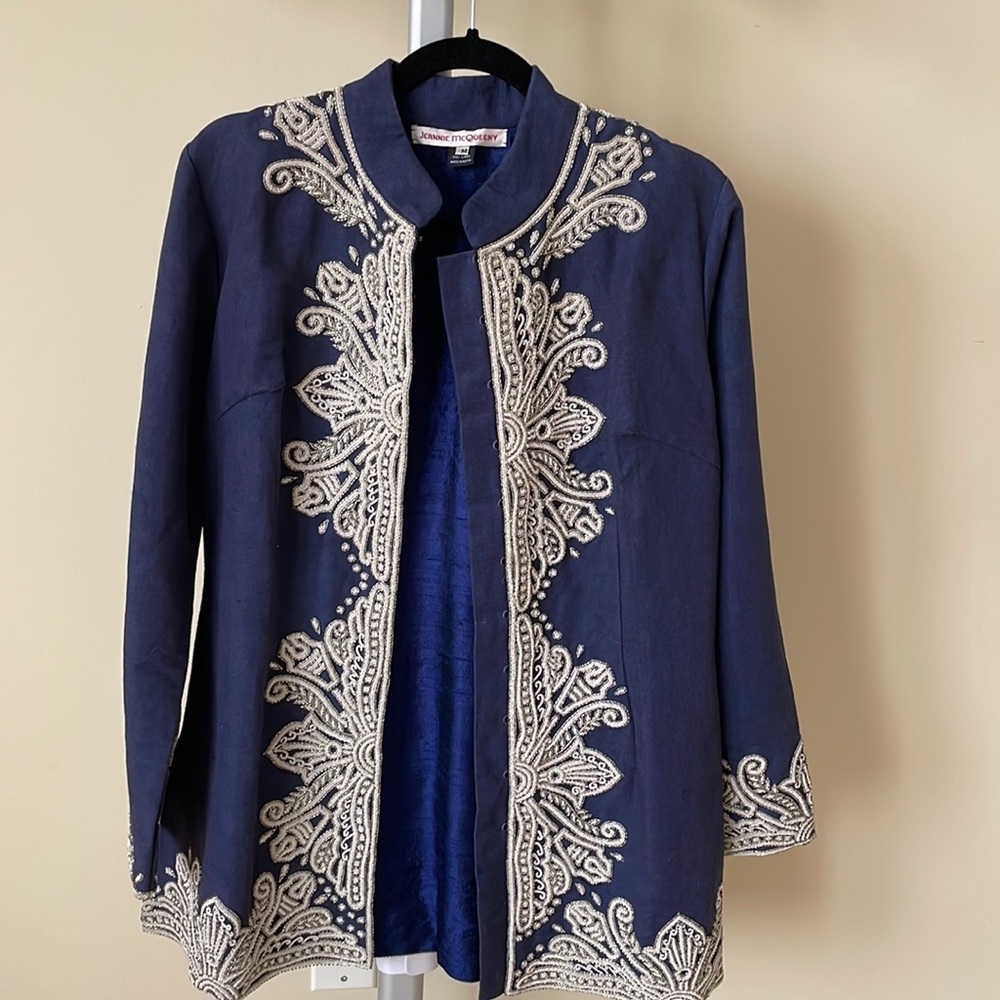 RARE JEANNIE MCQUEENY embroidered blue blazer jacket, size M